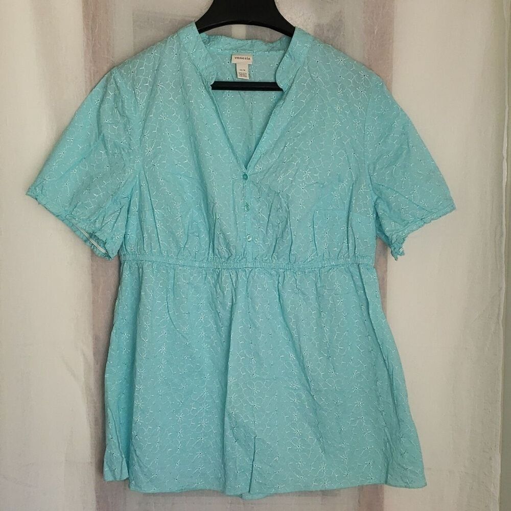 Venezia Blouse Top S 14/16 Eyelet Floral Pattern V Neck Short Sleeve 100% Cotton